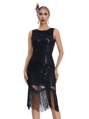 1920s Sequined Sleeveless Fringed Hem Dress