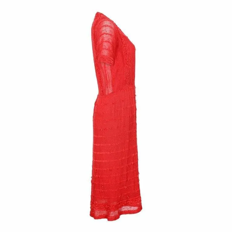 1970s French Crochet and Chenille Red Knit Dress