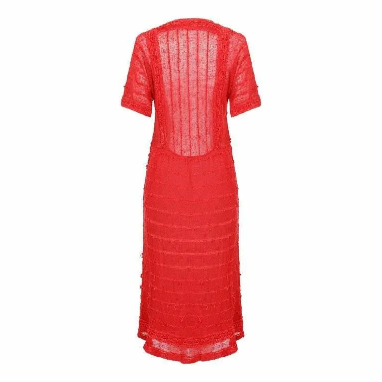 1970s French Crochet and Chenille Red Knit Dress