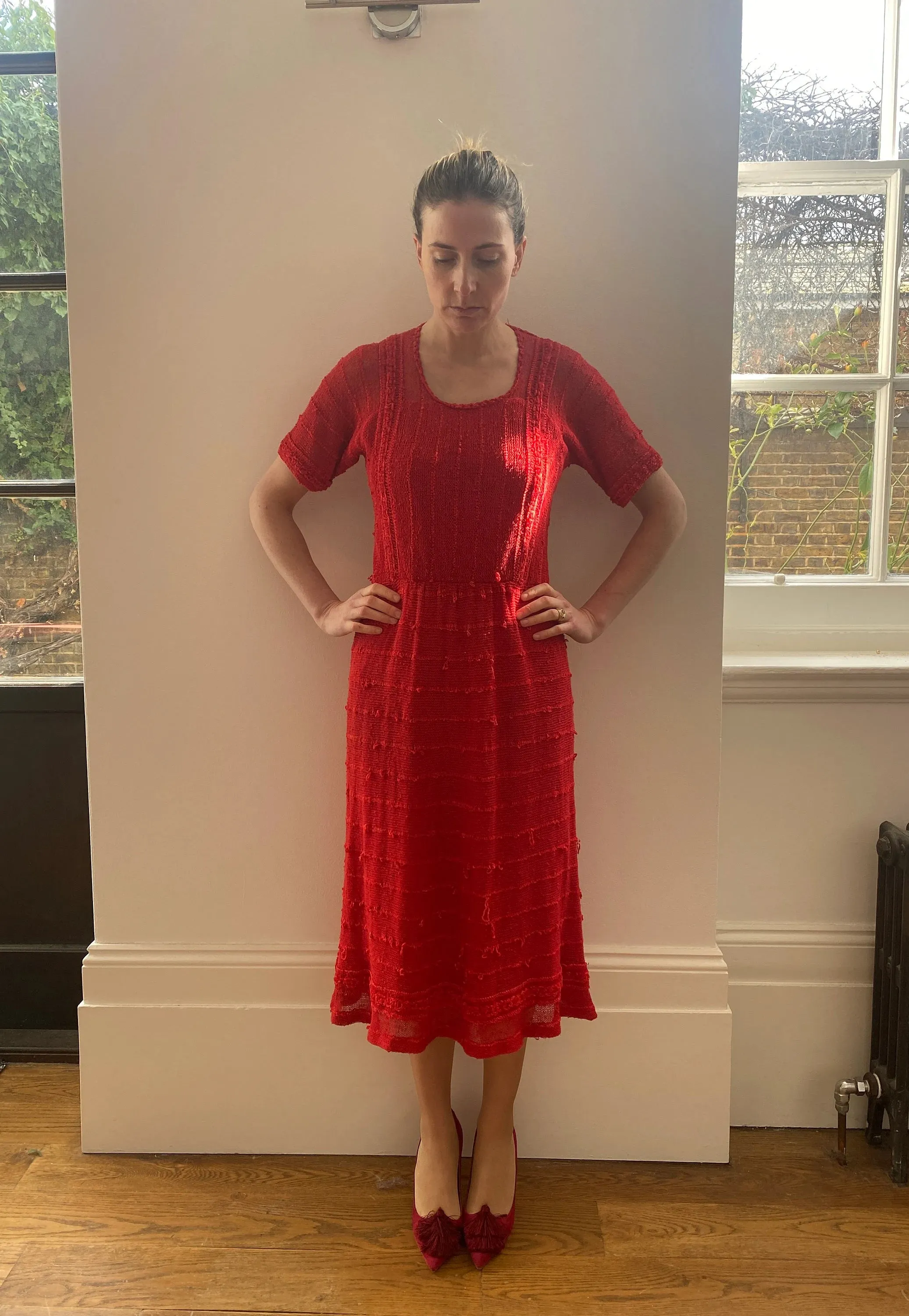 1970s French Crochet and Chenille Red Knit Dress