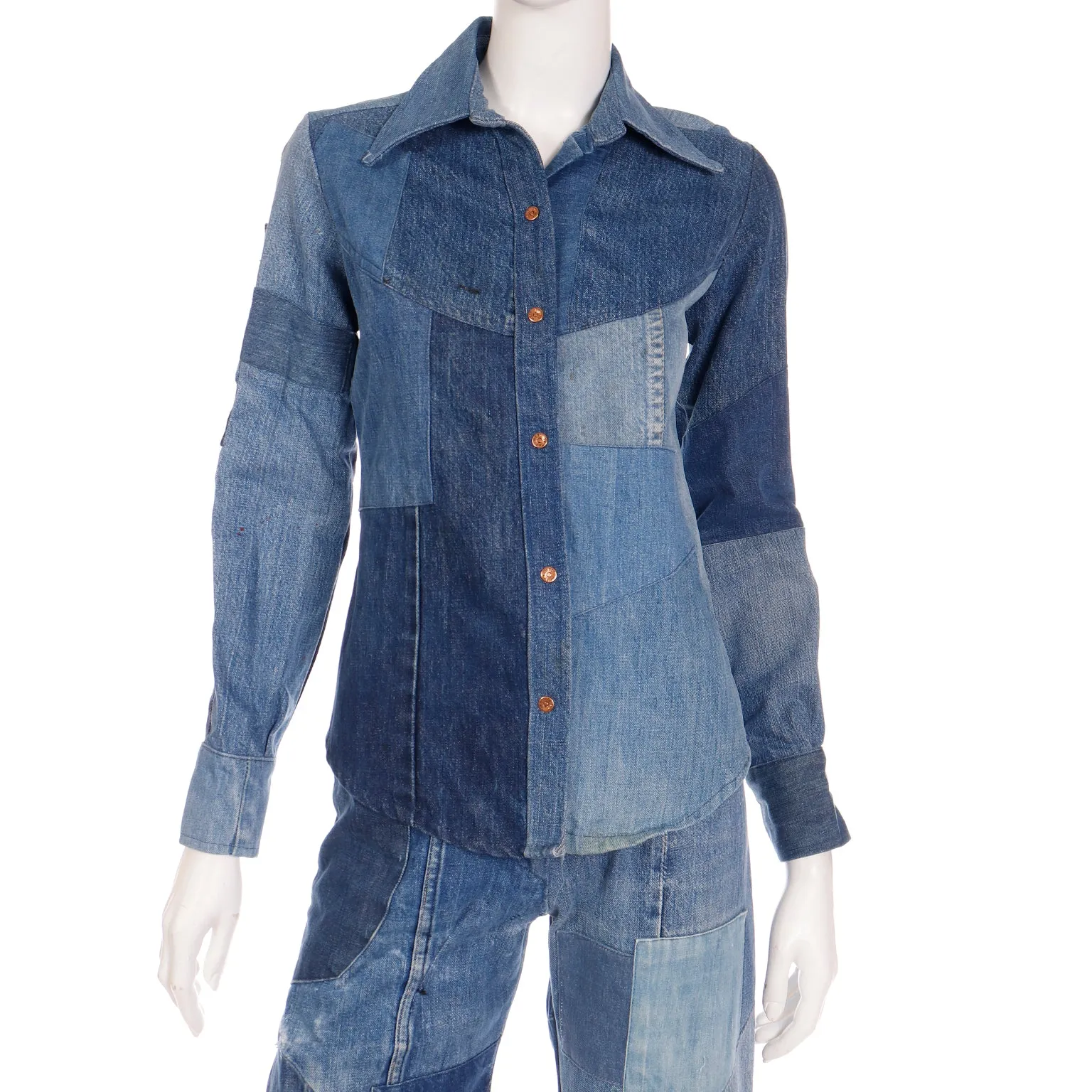 1970s Vintage Simis Multi Wash Patchwork Denim Jeans & Shirt Outfit