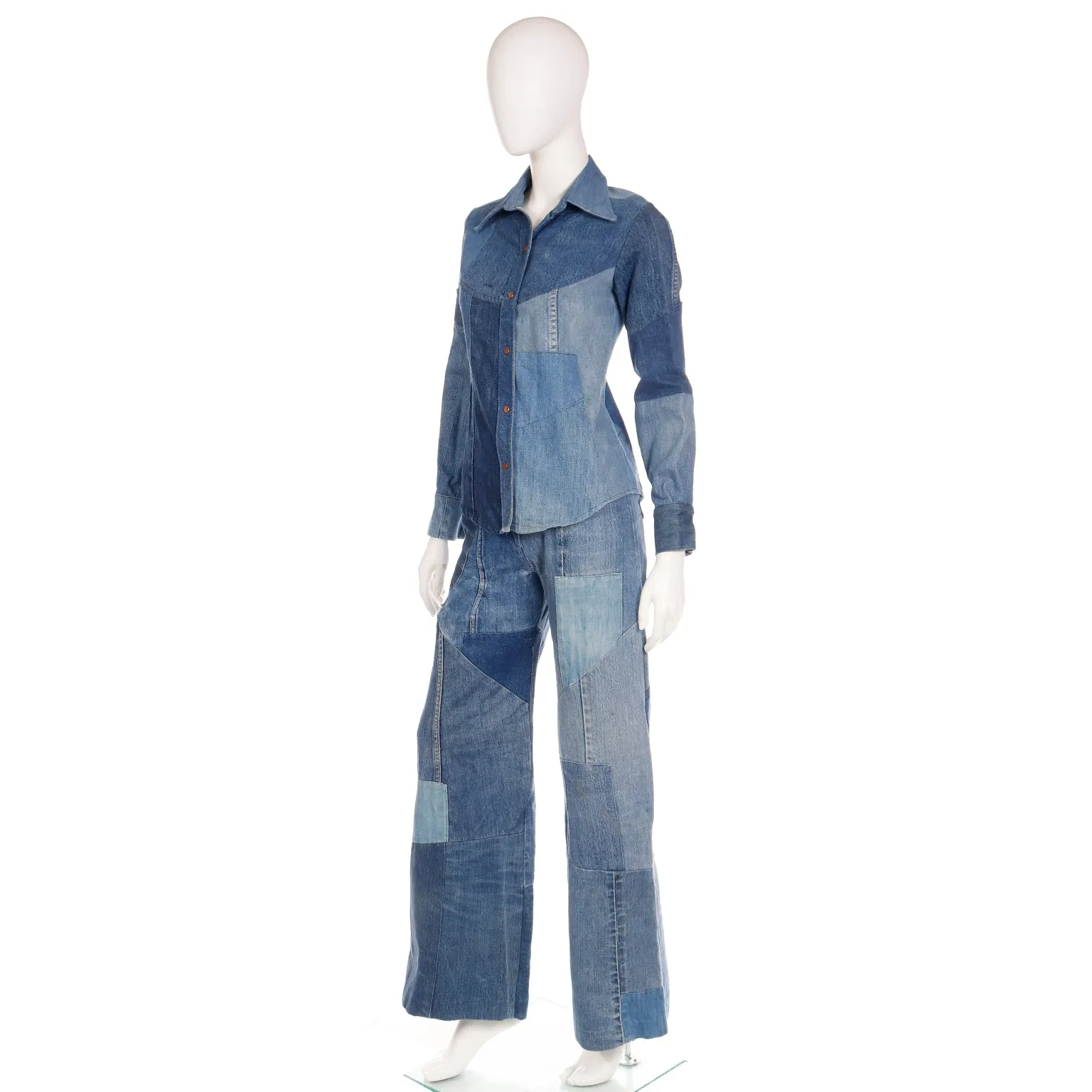 1970s Vintage Simis Multi Wash Patchwork Denim Jeans & Shirt Outfit