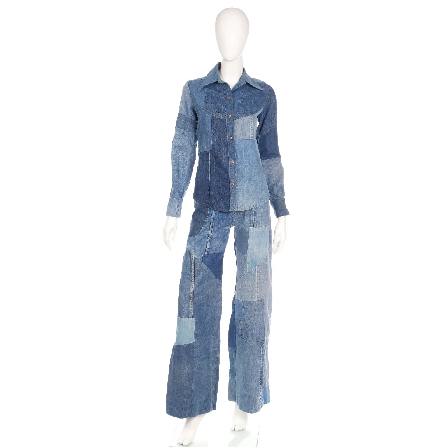 1970s Vintage Simis Multi Wash Patchwork Denim Jeans & Shirt Outfit