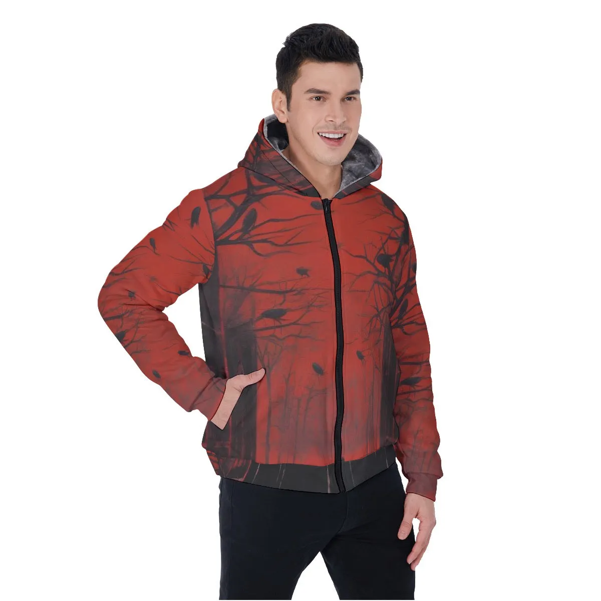 All-Over Print Men's Sherpa Fleece Zip Up Hoodie, black and red abstract, print, #25ee