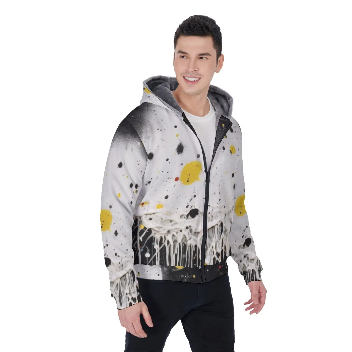 All-Over Print Men's Sherpa Fleece Zip Up Hoodie, black, white abstract, print, #25H