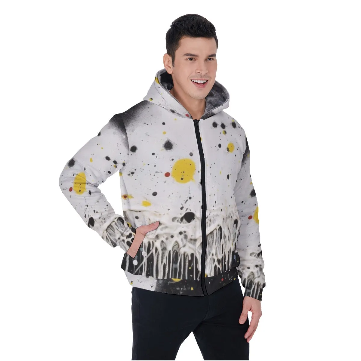 All-Over Print Men's Sherpa Fleece Zip Up Hoodie, black, white abstract, print, #25H