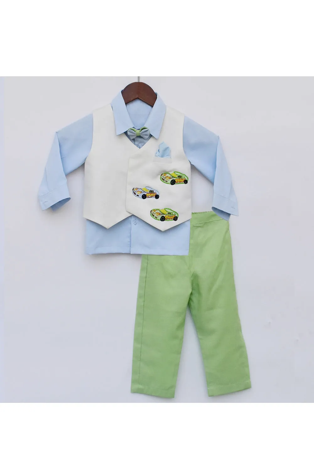 Aqua Blue Shirt With Off White Car Motif Jacket Set