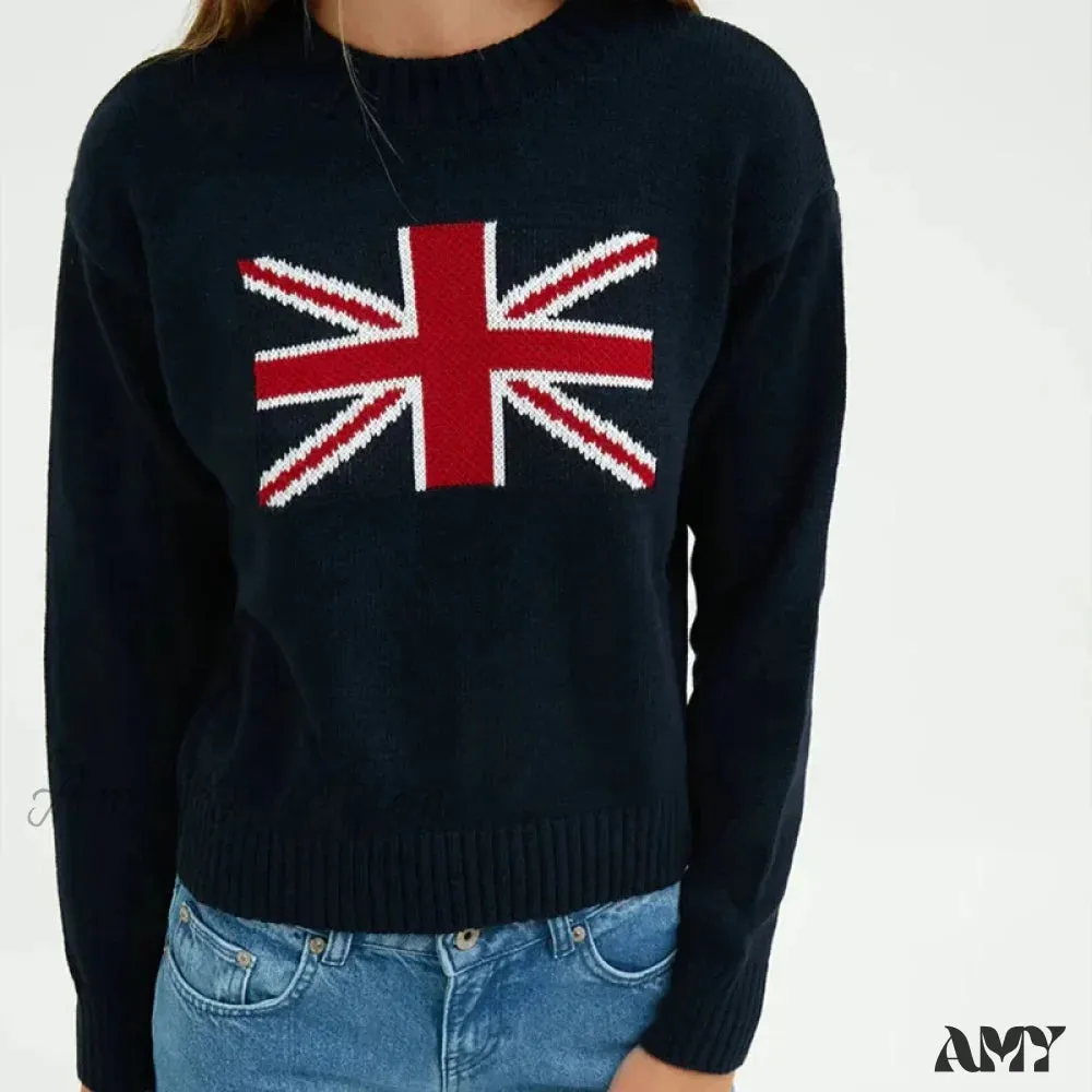 Art Y2k Harajuku Flag Pattern Round Neck Warm Regular Sweater