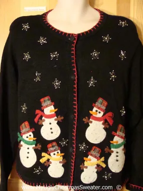 Black Christmas Sweater with Plaid Hat Snowmen