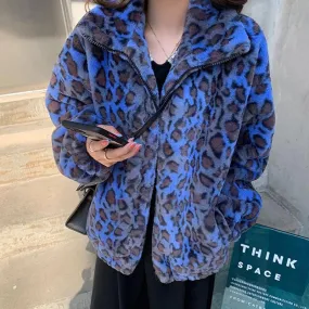 Blue Leopard Print Fluffy Soft Oversized Jacket