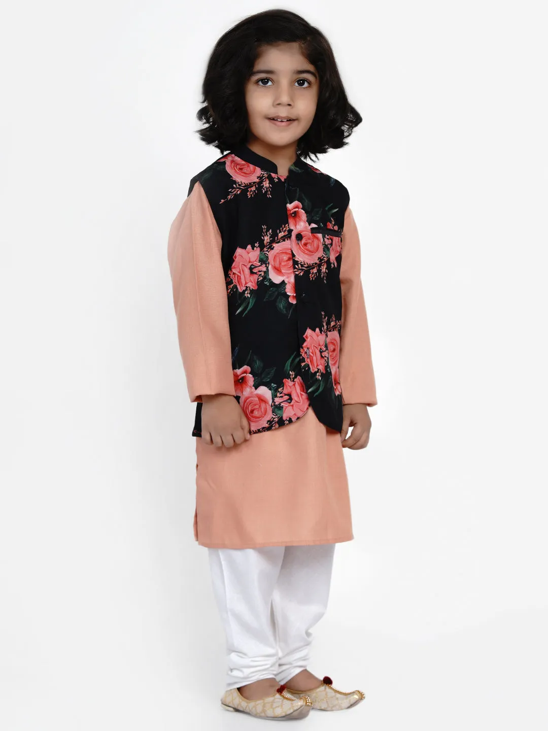 Boys Peach-Coloured Straight Kurta with White Churidar