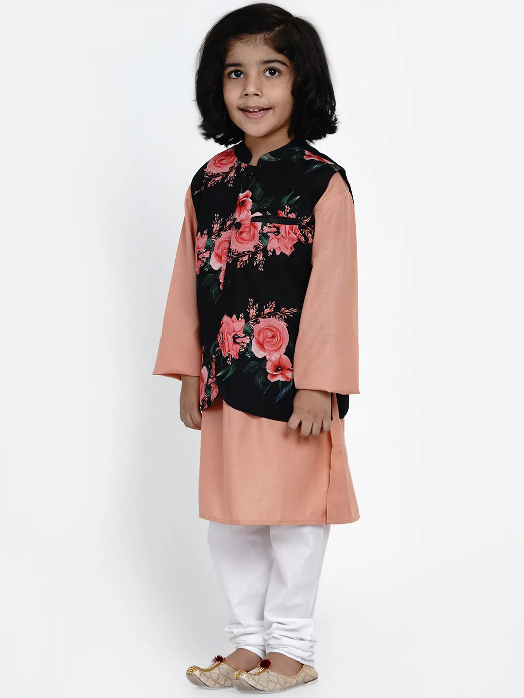 Boys Peach-Coloured Straight Kurta with White Churidar