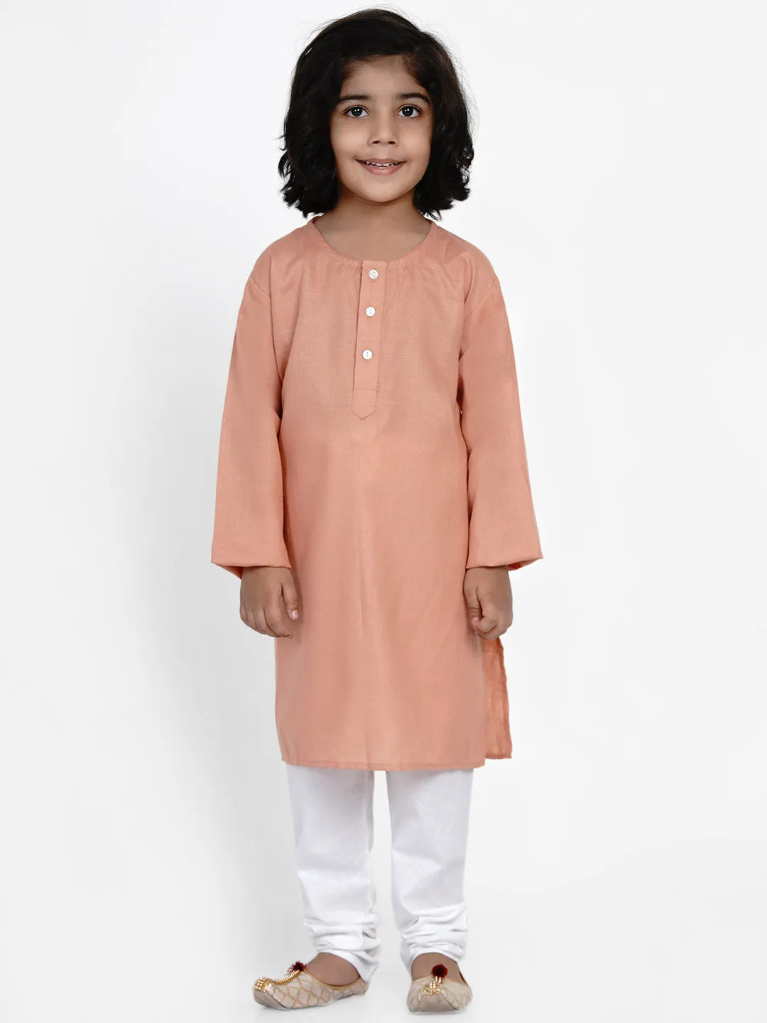 Boys Peach-Coloured Straight Kurta with White Churidar