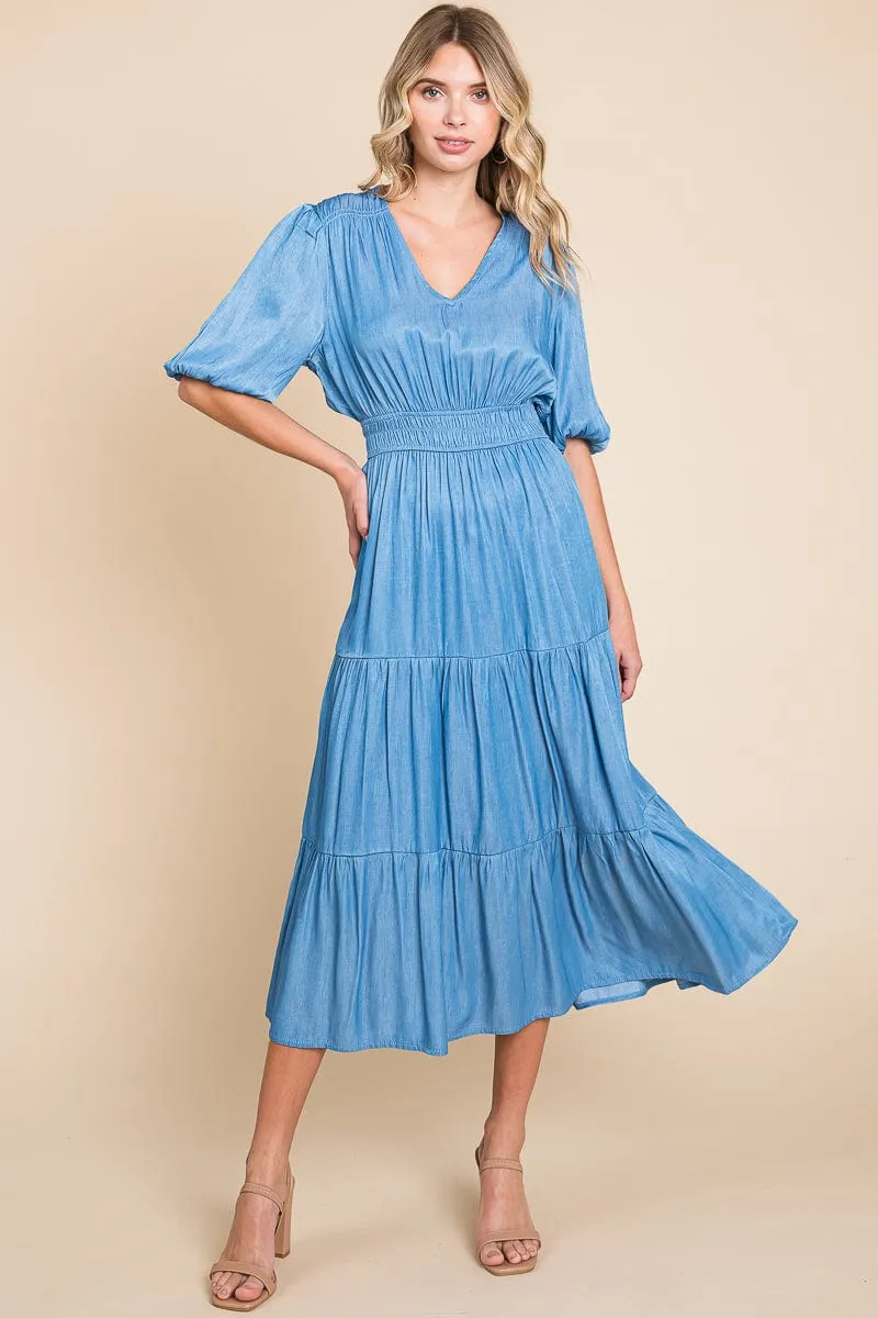 Chambray Tiered V Neck Smocked Waist Midi Dress