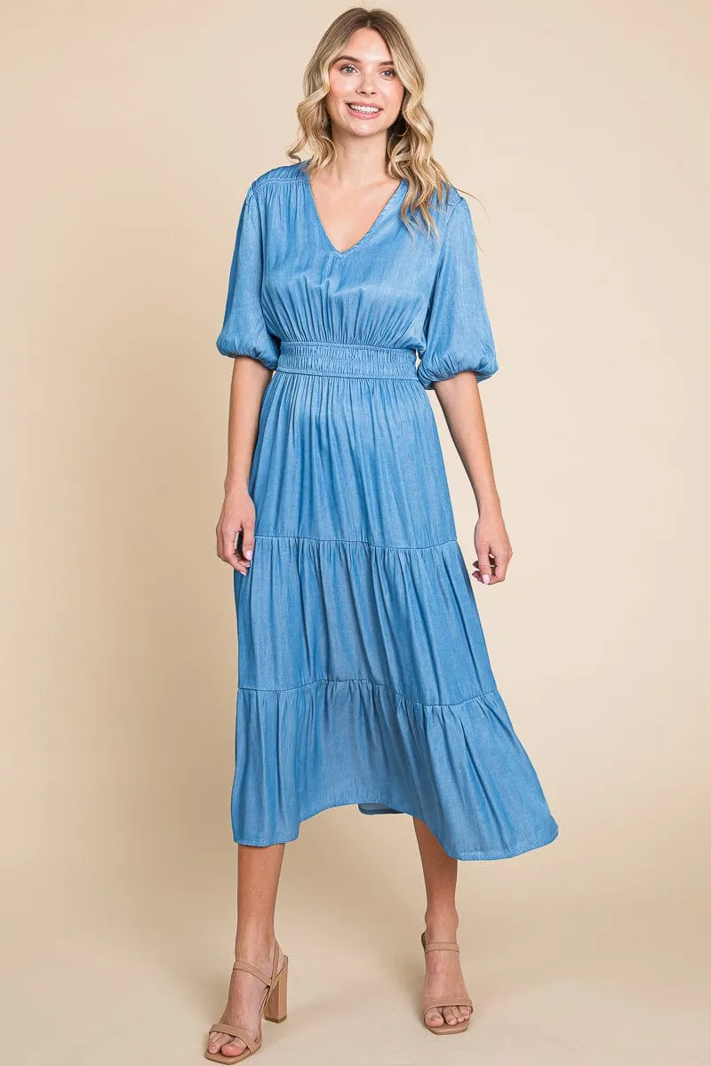 Chambray Tiered V Neck Smocked Waist Midi Dress