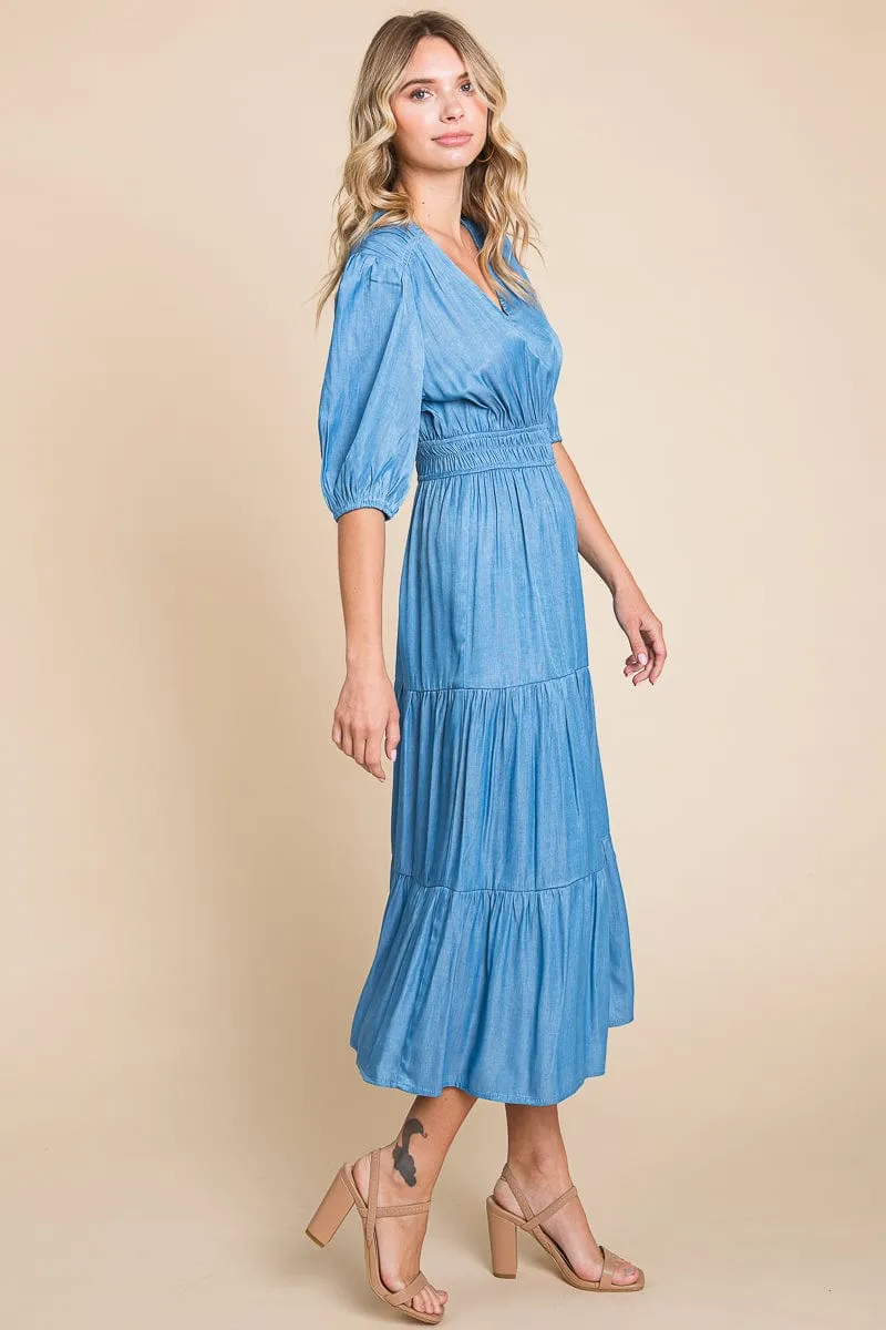 Chambray Tiered V Neck Smocked Waist Midi Dress