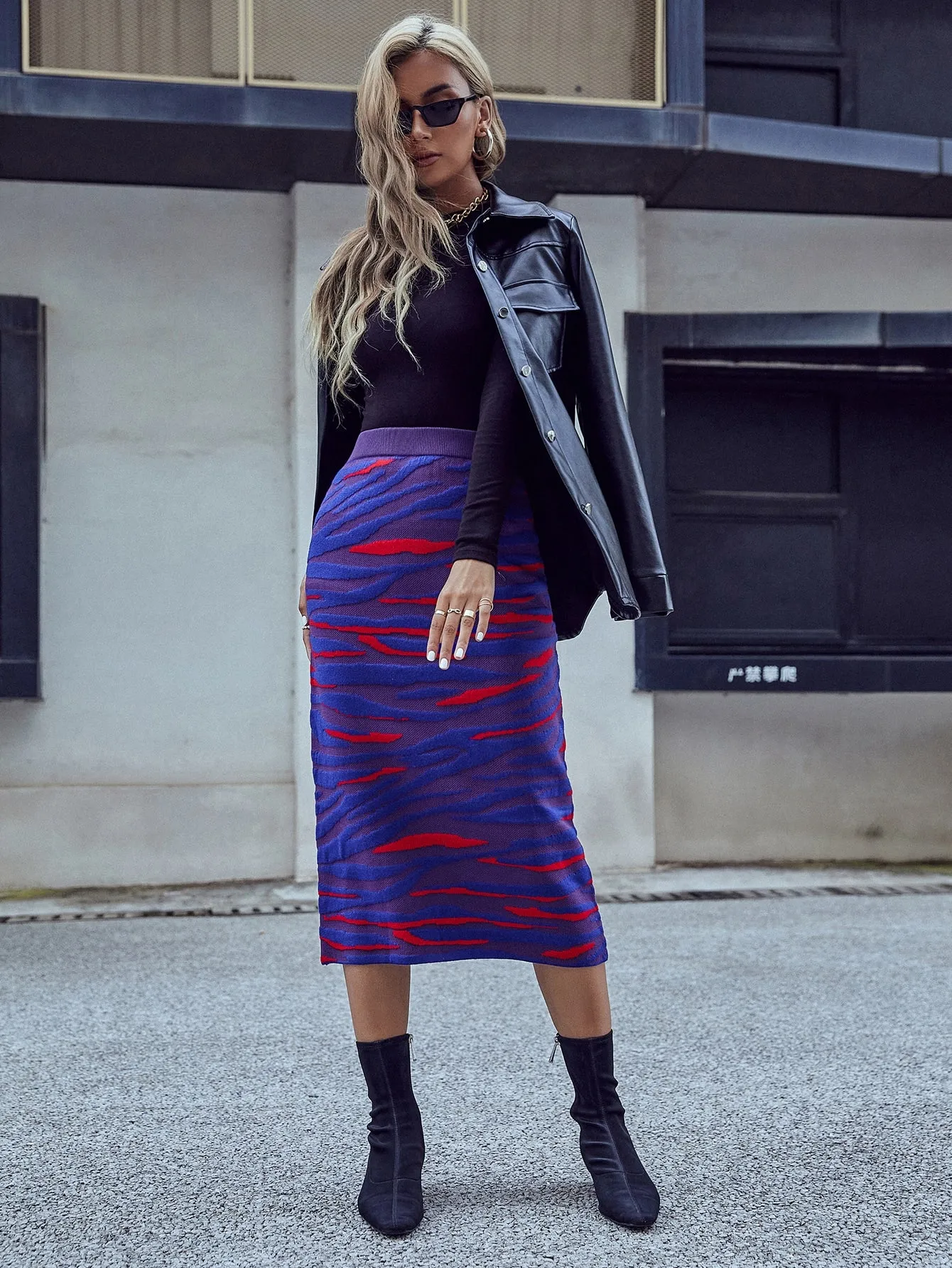 Colorblock High Waist Midi Women Sweater Skirt