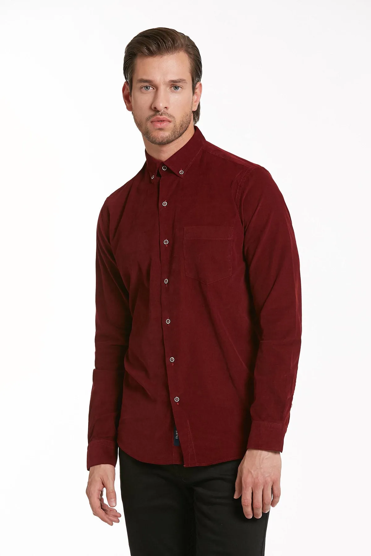 Comfort Fit Long Sleeve Cotton Burgundy Dress Shirt