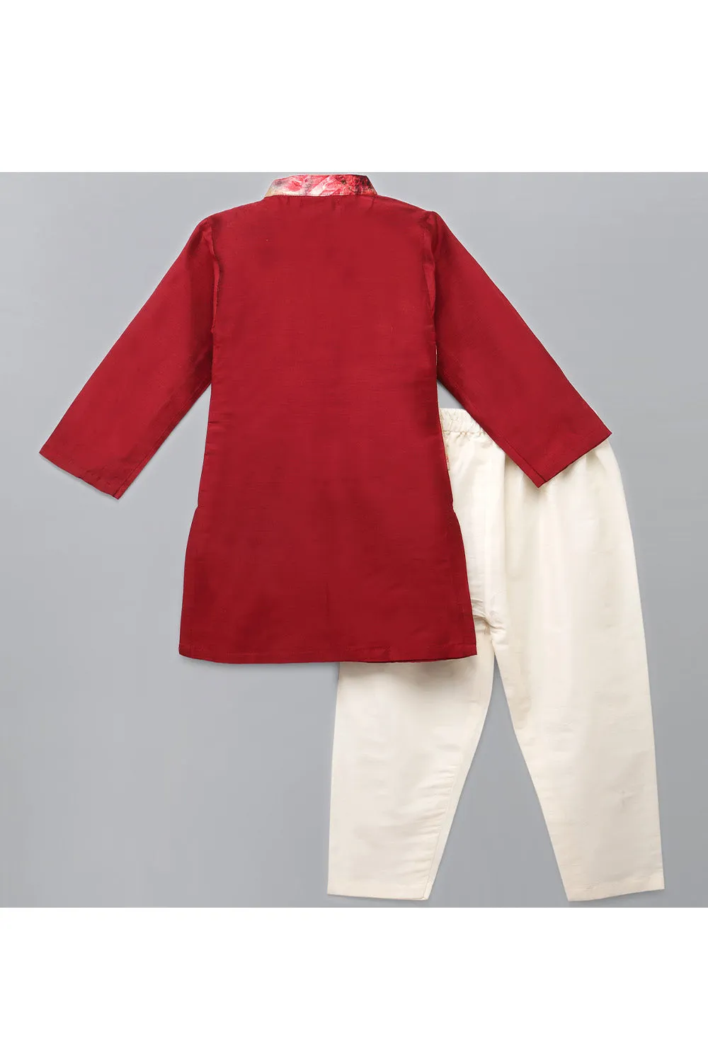 Cotton Silk Kurta With Printed Attached Jacket And White Pyjama