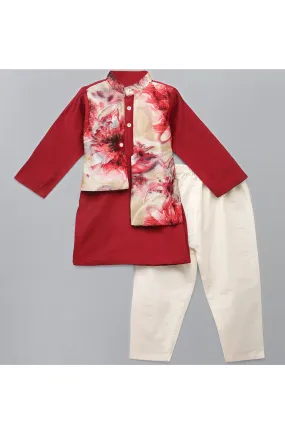 Cotton Silk Kurta With Printed Attached Jacket And White Pyjama