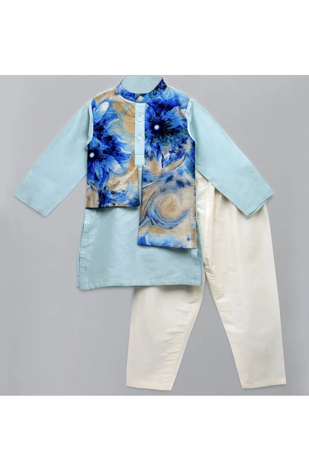 Cotton Silk Kurta With Printed Attached Jacket And White Pyjama