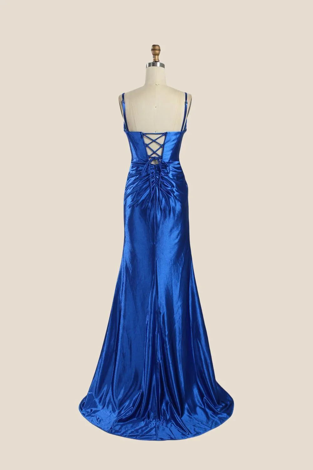 Cowl Neck Royal Blue Ruched Satin Long Dress