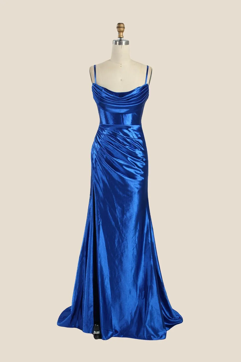 Cowl Neck Royal Blue Ruched Satin Long Dress