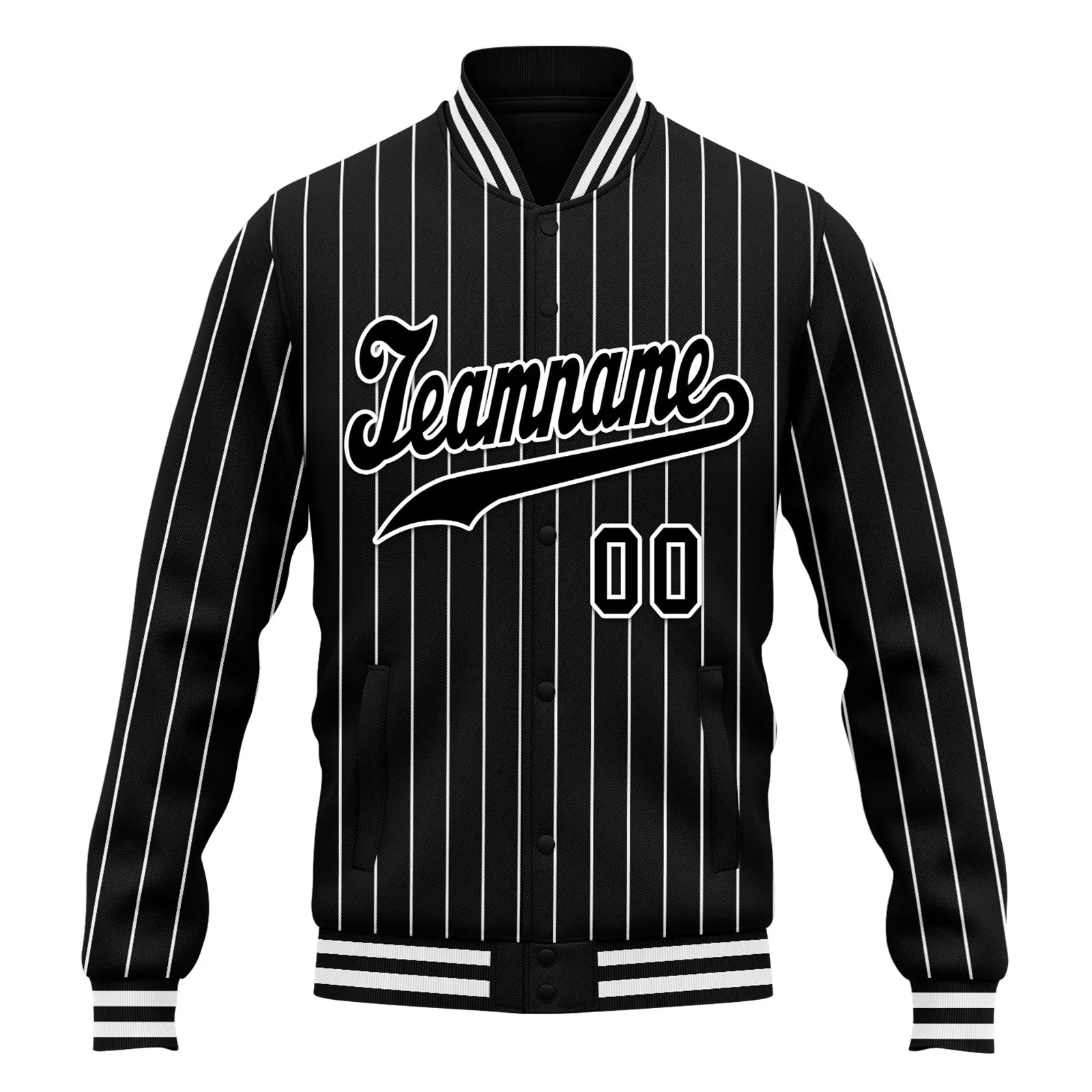 Custom Black White Stripe Fashion Jacket Bomber Full-Snap Varsity Letterman Personalized Jacket FZ005-D020219-1