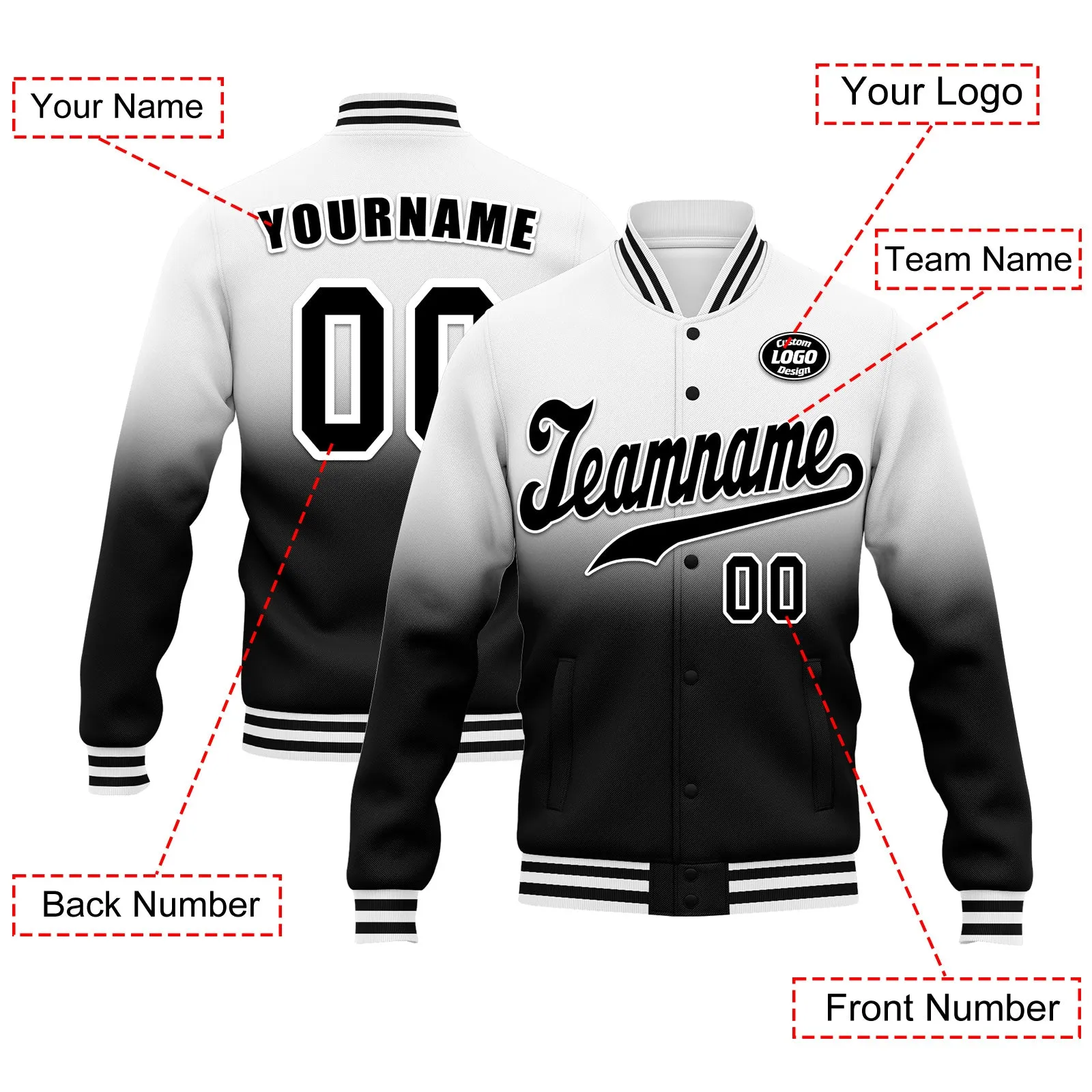 Custom White Black Fade Fashion Jacket Bomber Full-Snap Varsity Letterman Personalized Jacket FZ005-D020229-20