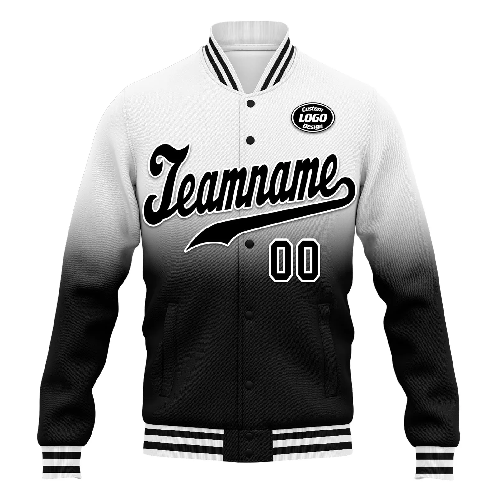 Custom White Black Fade Fashion Jacket Bomber Full-Snap Varsity Letterman Personalized Jacket FZ005-D020229-20