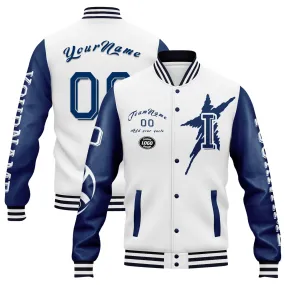 Custom White Blue Indianapolis Jacket Bomber Full-Snap Varsity Letterman Personalized Jacket FZ005SX-D020290-14