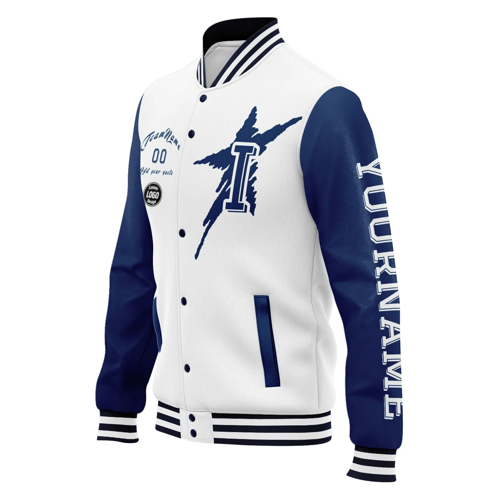 Custom White Blue Indianapolis Jacket Bomber Full-Snap Varsity Letterman Personalized Jacket FZ005SX-D020290-14