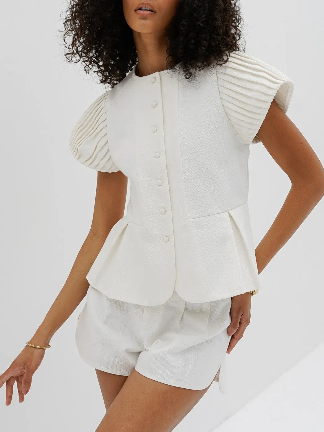 Diane Pleat Shoulder Denim Top | White