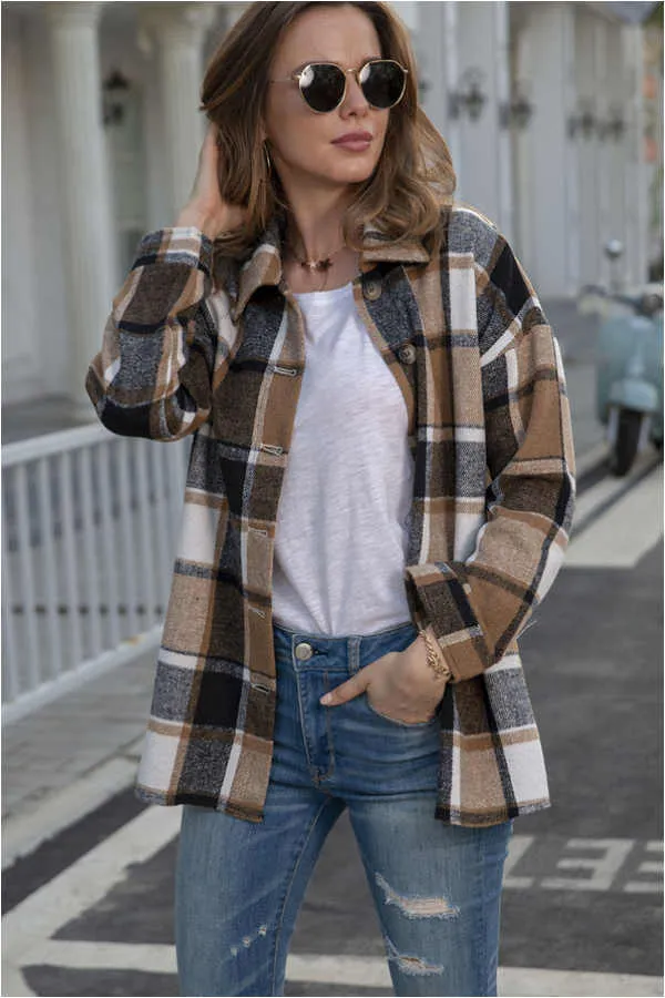 Dunnmall Fashion Regular Plaid Loose Shirt Coat