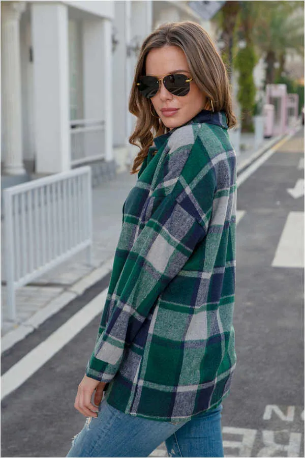 Dunnmall Fashion Regular Plaid Loose Shirt Coat