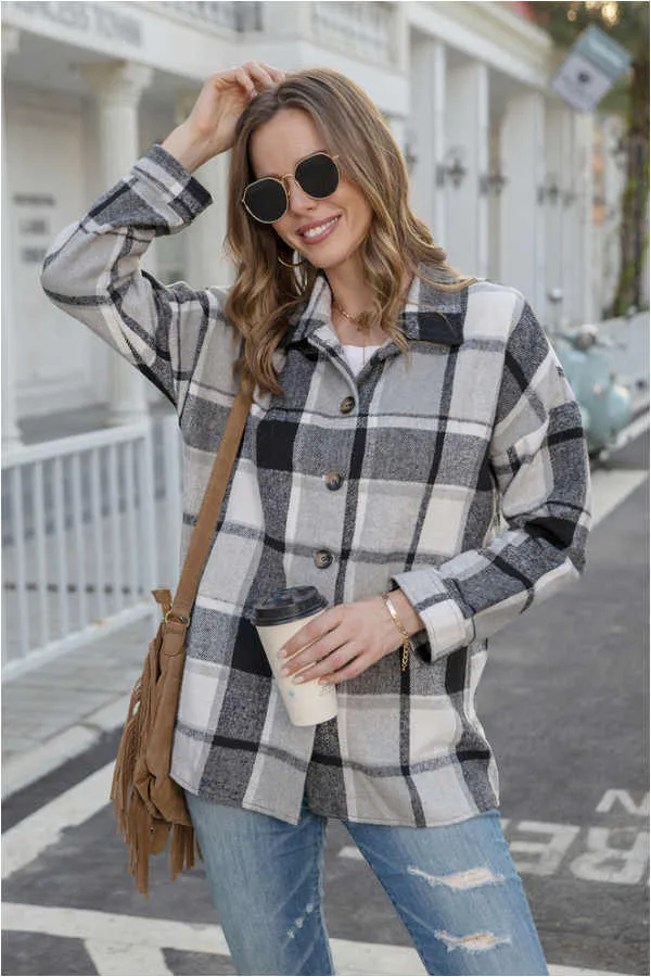 Dunnmall Fashion Regular Plaid Loose Shirt Coat