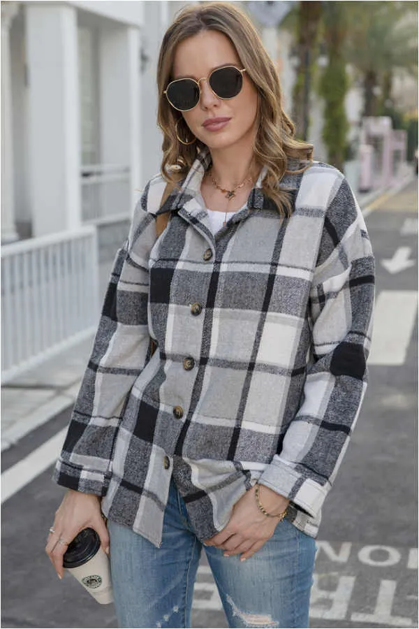 Dunnmall Fashion Regular Plaid Loose Shirt Coat