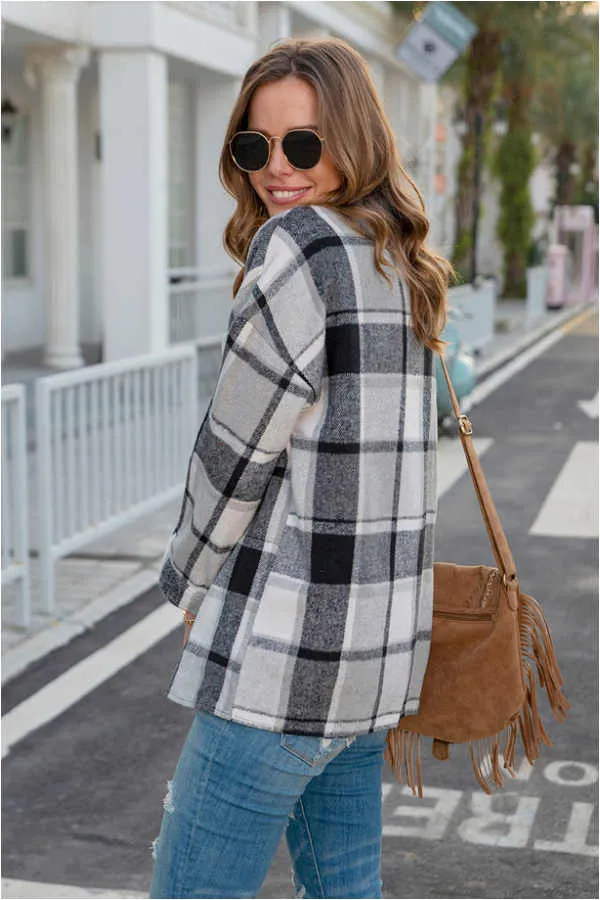 Dunnmall Fashion Regular Plaid Loose Shirt Coat