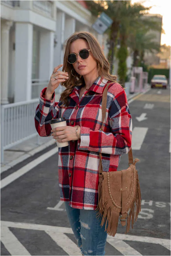 Dunnmall Fashion Regular Plaid Loose Shirt Coat