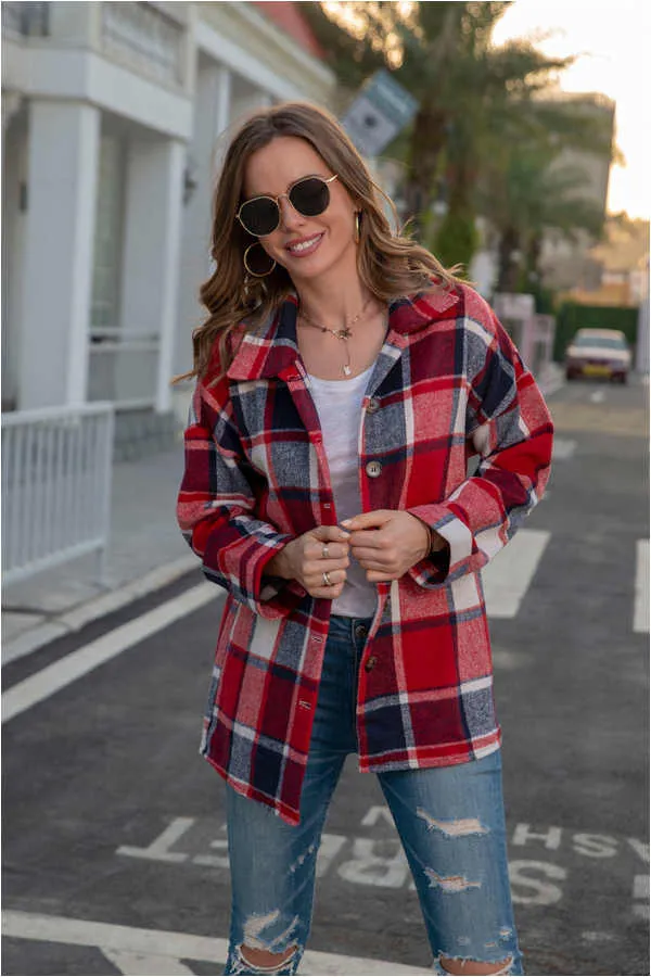 Dunnmall Fashion Regular Plaid Loose Shirt Coat