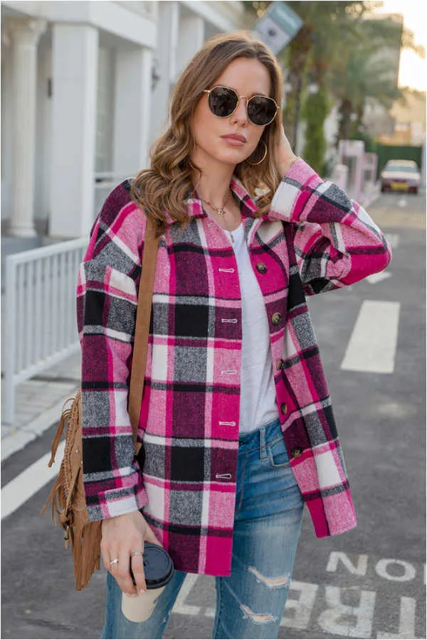 Dunnmall Fashion Regular Plaid Loose Shirt Coat