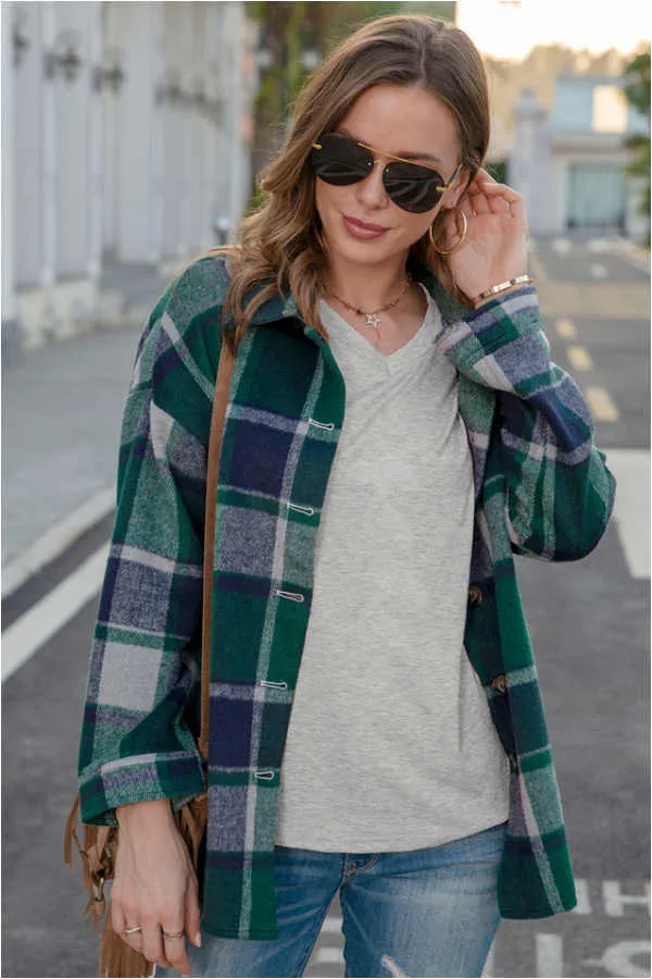 Dunnmall Fashion Regular Plaid Loose Shirt Coat