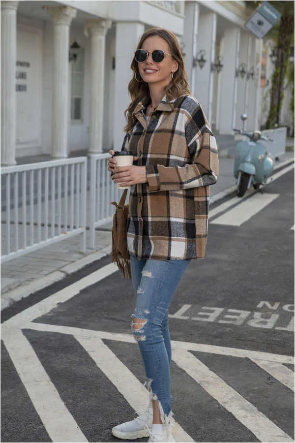 Dunnmall Fashion Regular Plaid Loose Shirt Coat