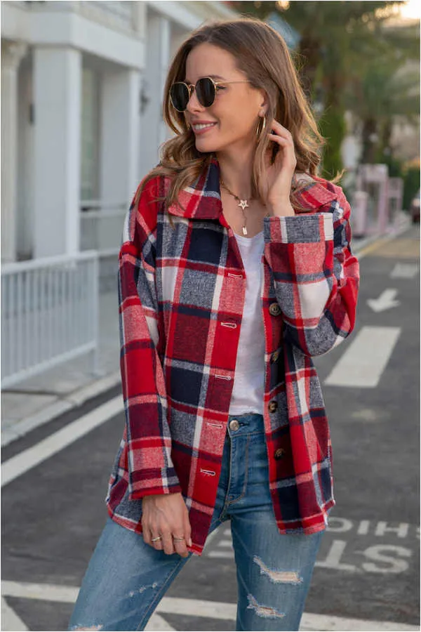 Dunnmall Fashion Regular Plaid Loose Shirt Coat