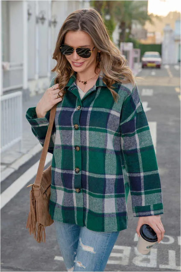 Dunnmall Fashion Regular Plaid Loose Shirt Coat