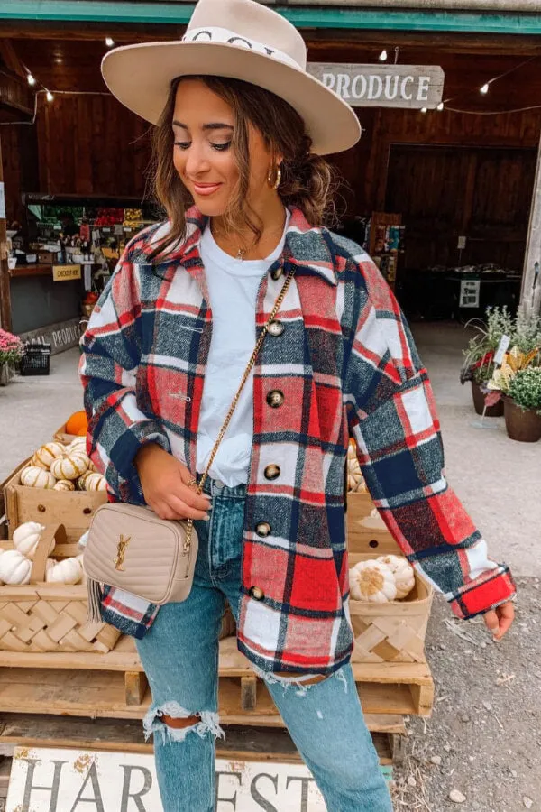 Dunnmall Fashion Regular Plaid Loose Shirt Coat