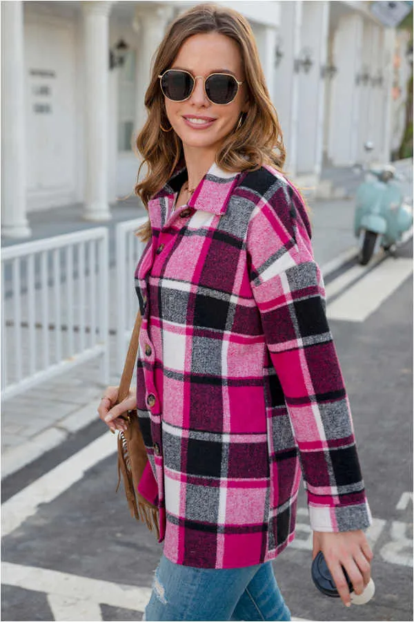 Dunnmall Fashion Regular Plaid Loose Shirt Coat