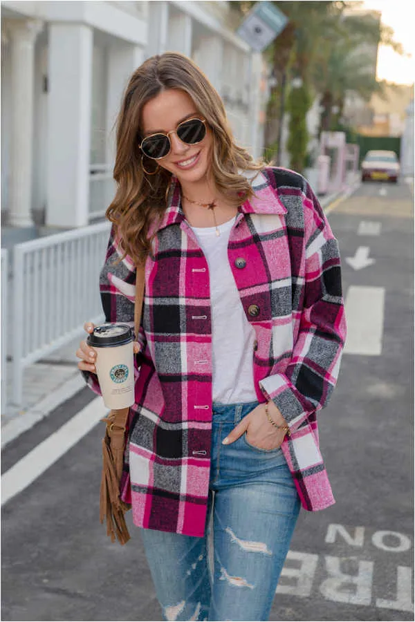 Dunnmall Fashion Regular Plaid Loose Shirt Coat