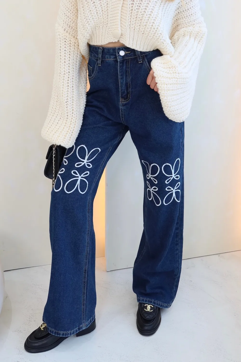 Eden blue denim embroided wide leg jeans