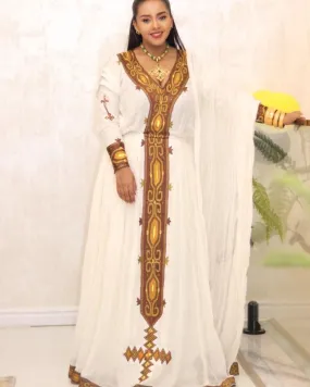 Elegant Brown Traditional Ethiopian Dress: Cross Stitched Handcrafted Habesha Dress Gorgeous Habesha Kemis